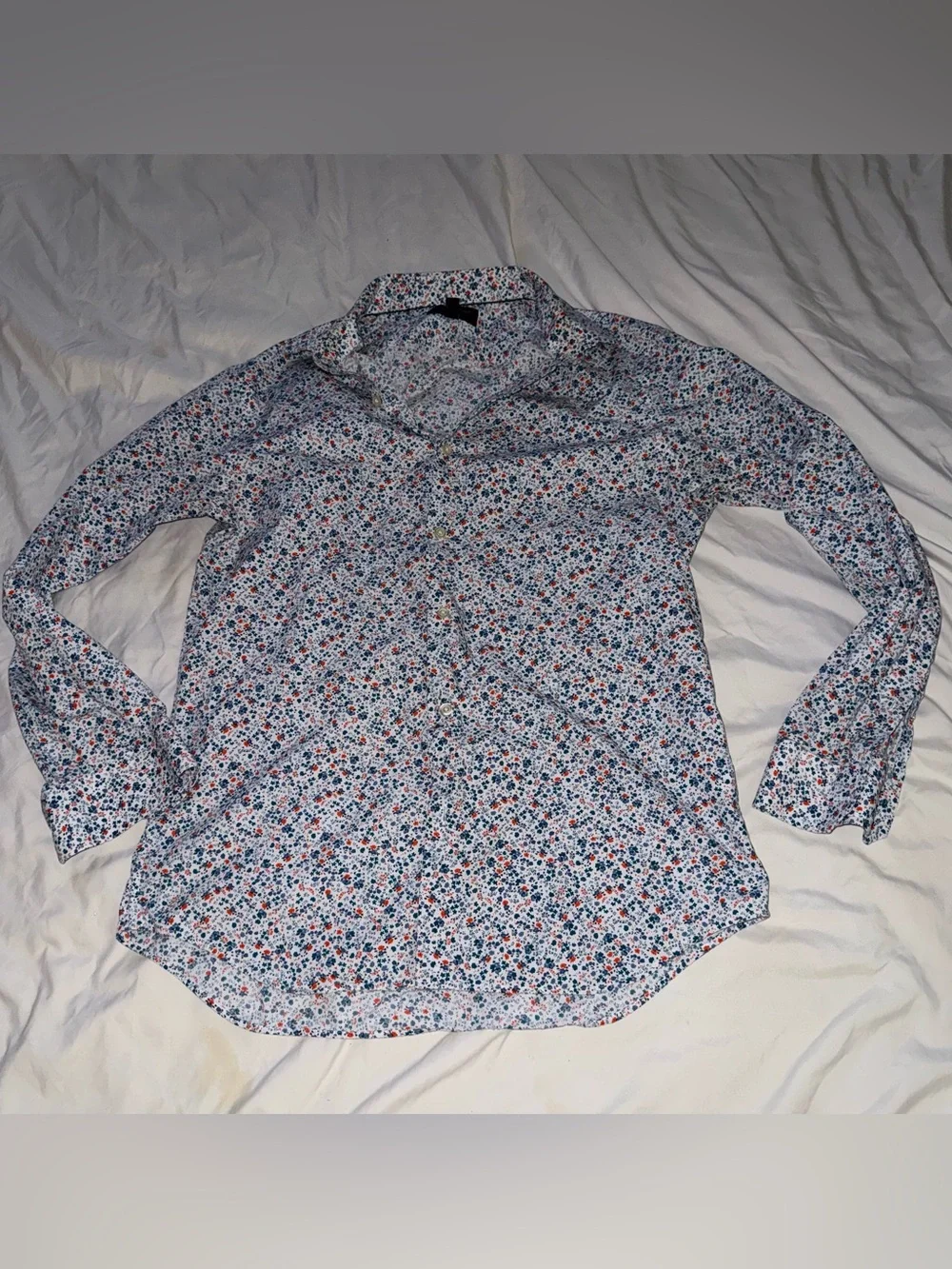 Banana Republic Men's White Floral Button-Up Shirt with Red & Blue Accents